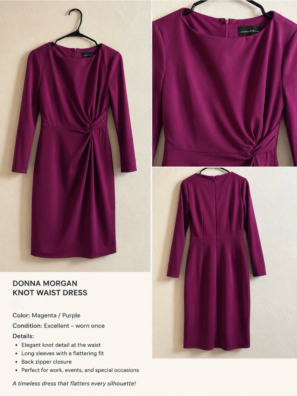 Donna Morgan Deep Magenta Twist-Waist Long Sleeve Sheath Dress